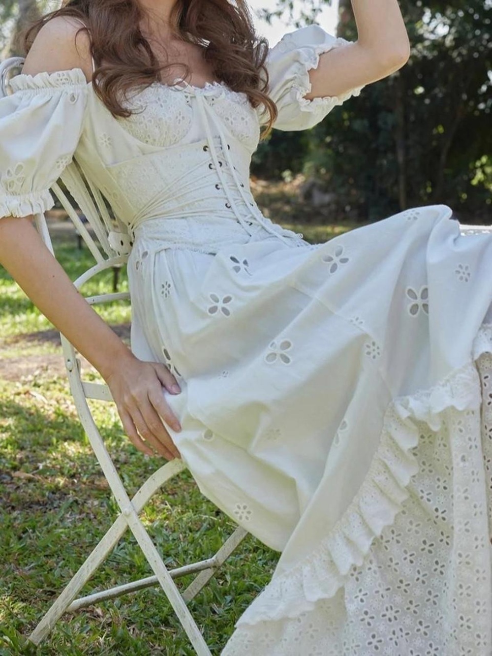 Lace Made White Eyelet Corset Maxi Dress Puff Sleeve Cottagecore Prairie Medium